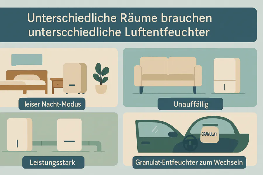 Unterschiedliche Räume brauchen unterschiedliche Luftentfeuchter.