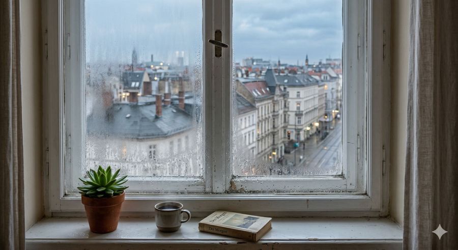 Besonders ältere Fenster können im Winter schnell beschlagen, wenn die Raumluft zu feucht ist und die Scheibe stark auskühlt.