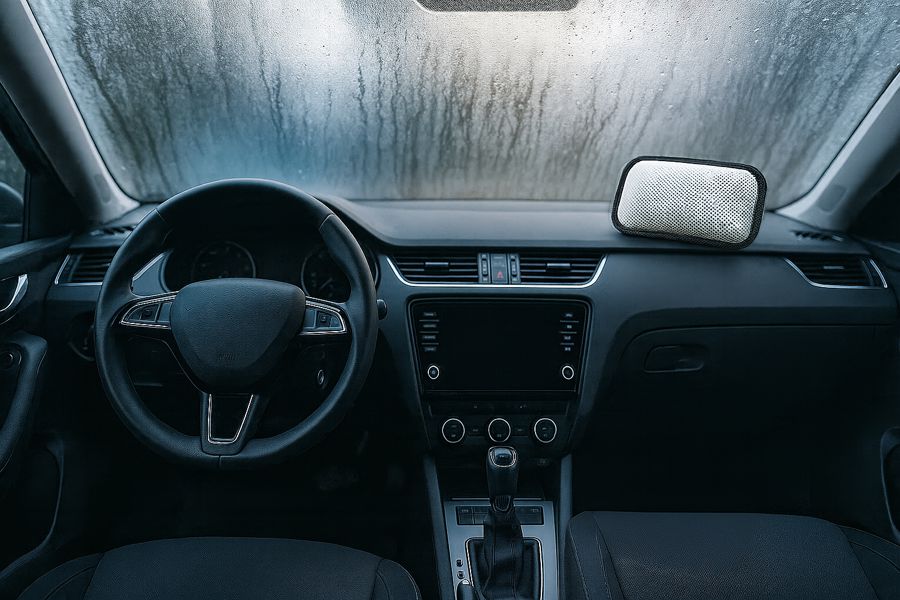 Ein Luftentfeuchterkissen kann leichte Restfeuchte im Auto aufnehmen.