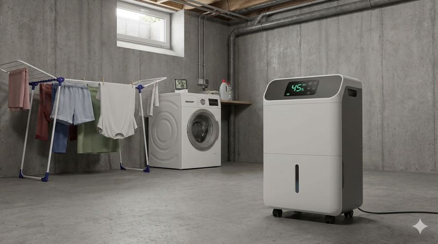 * Symbolbild Keller entfeuchten: Ein Hygrometer zeigt die Luftfeuchtigkeit, ein Luftentfeuchter senkt sie kontrolliert.