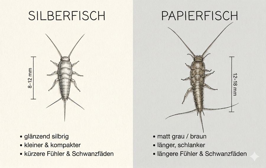 So unterscheidet man Silberfische von Papierfischchen: Silberfische sind silbrig-grau, Papierfischchen bräunlich mit längeren Fühlern