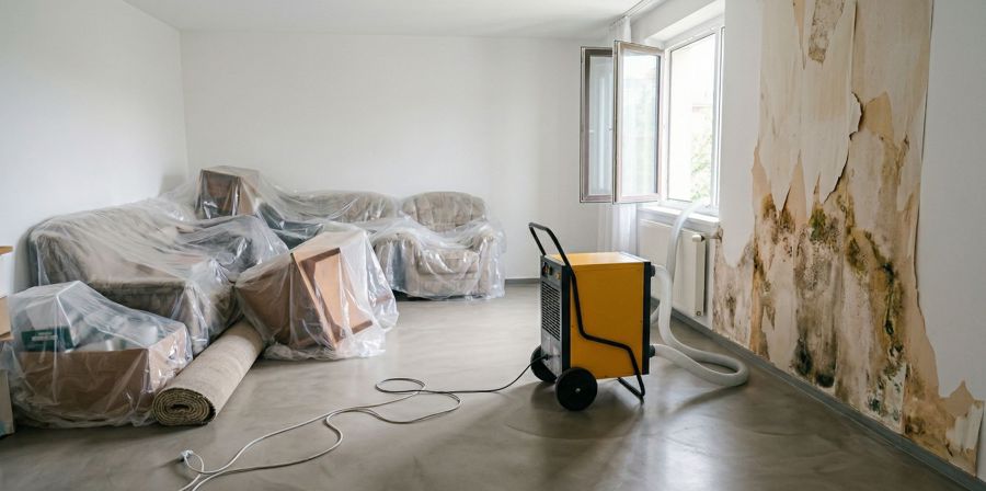 Ein Bautrockner im Einsatz in einem leicht feuchten Kellerraum